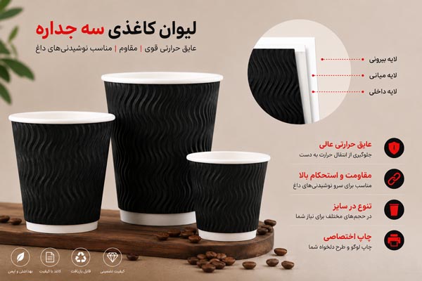 لیوان کاغذی سه جداره با کیفیت بالا، مناسب خرید عمده، چاپ اختصاصی و سرو نوشیدنیهای گرم